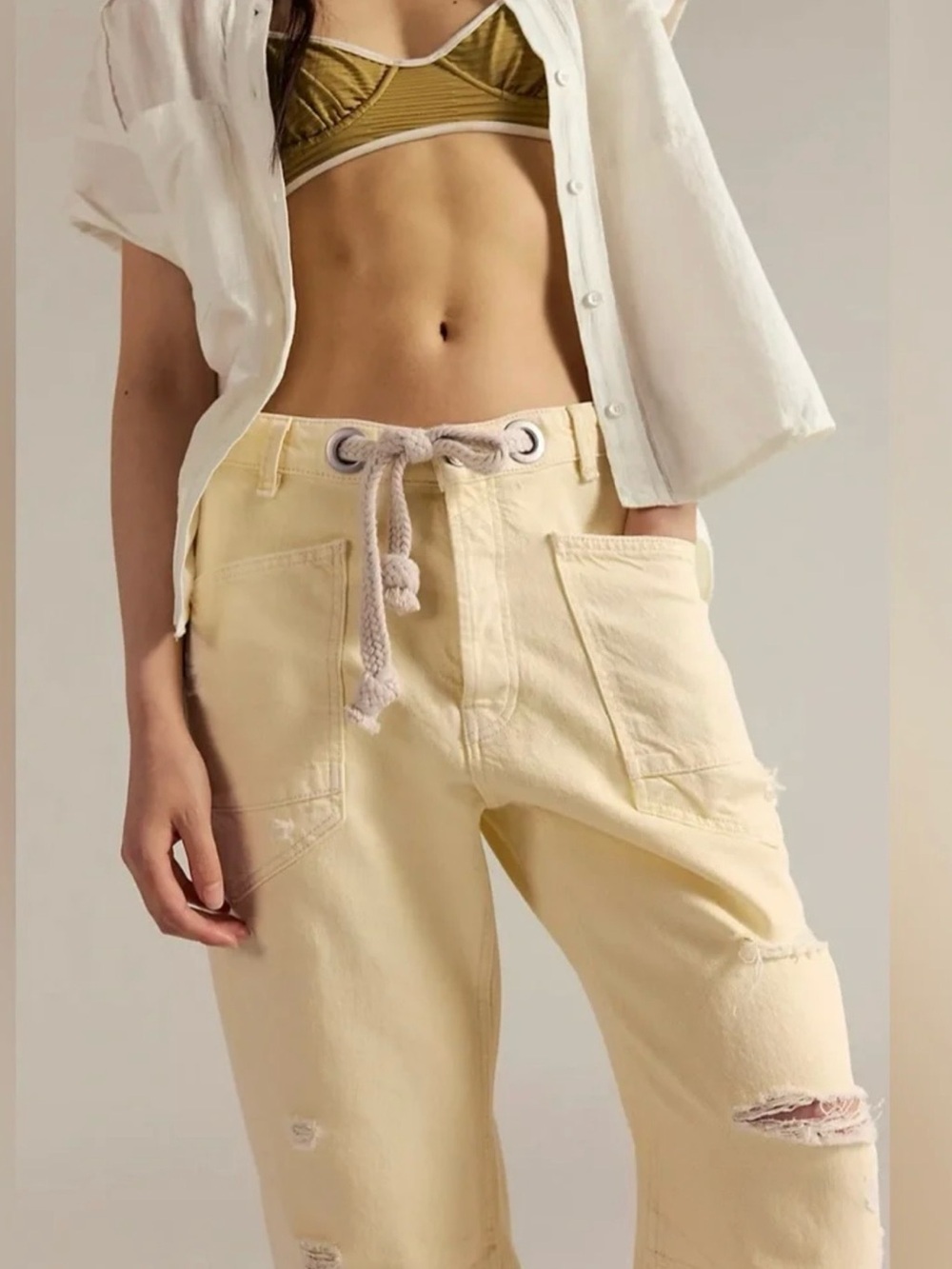 We The Free Rope-Tie High-Rise Ankle Jeans in Pale Yellow